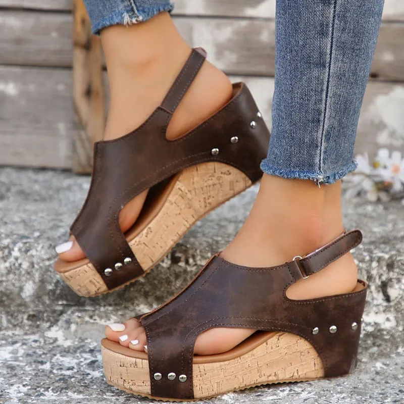 Black High Wedge Studded Sandals for Ladies Open Toe Style