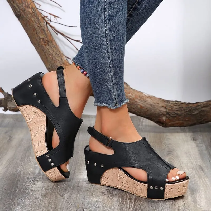 Black High Wedge Studded Sandals for Ladies Open Toe Style