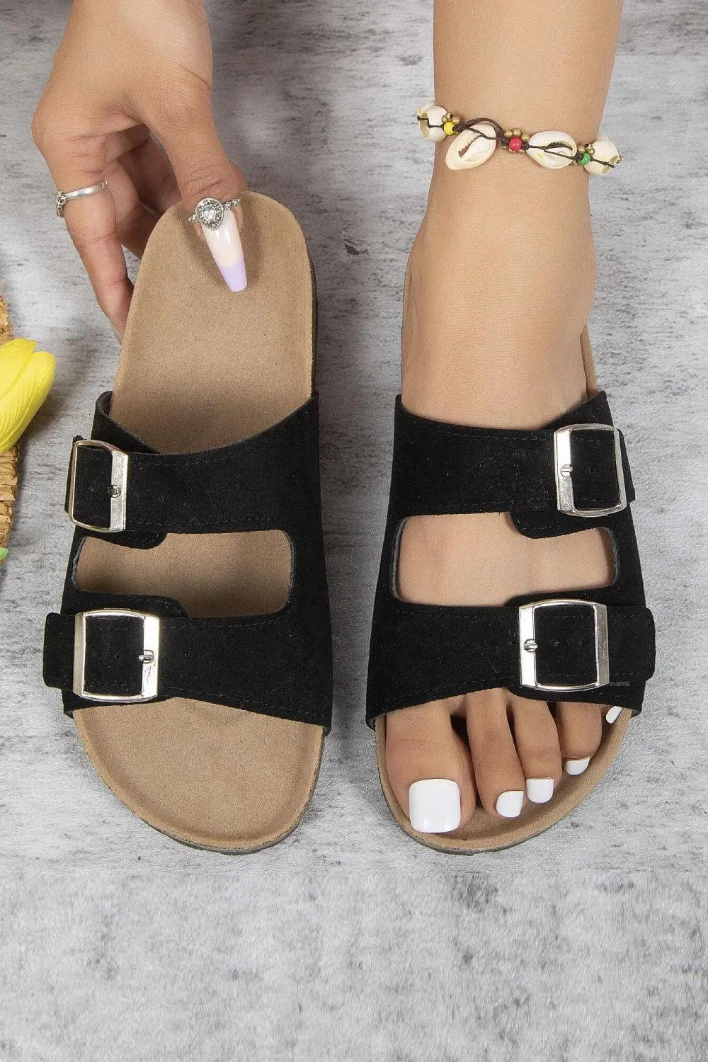 BLACK SOFT FOOTBED SUMMER FLAT SLIDERS SANDALS