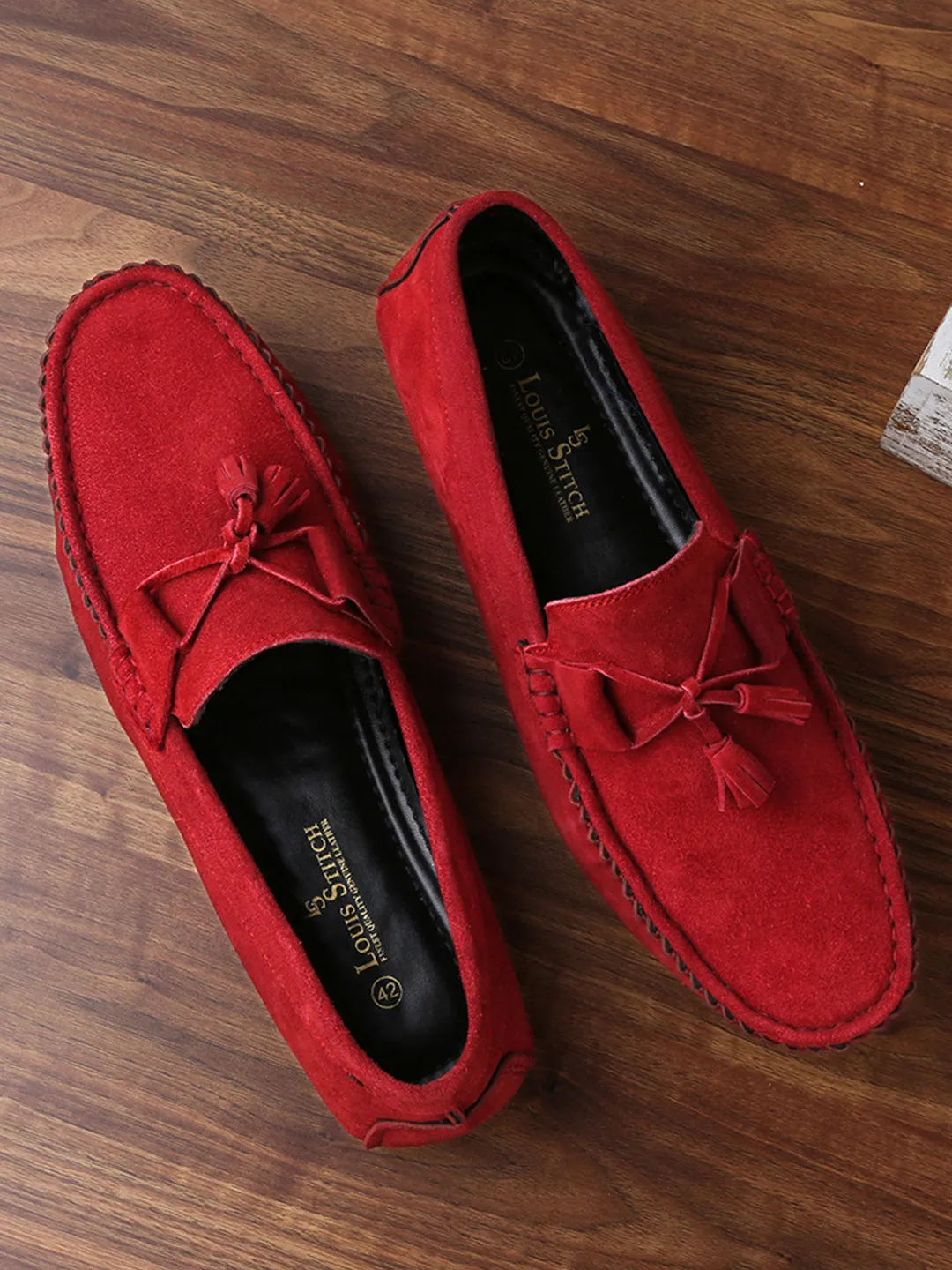 Ferrari Red Handmade Italian Suede Leather Penny Tassel Loafers