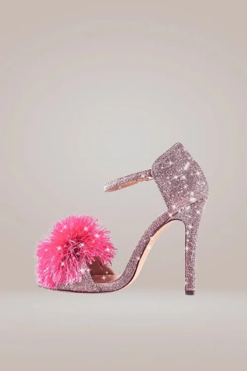 Glitter Stiletto High Heel Pink Sandals With Fluffy Fur Shoes