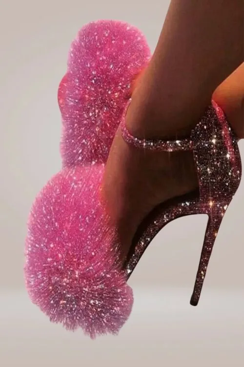 Glitter Stiletto High Heel Pink Sandals With Fluffy Fur Shoes