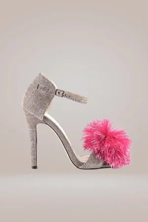 Glitter Stiletto High Heel Pink Sandals With Fluffy Fur Shoes