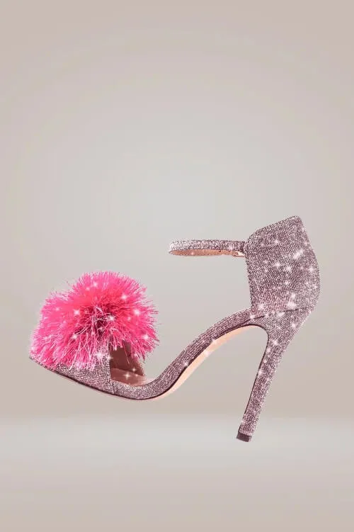 Glitter Stiletto High Heel Pink Sandals With Fluffy Fur Shoes