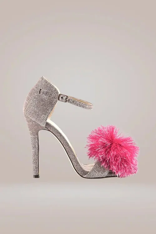Glitter Stiletto High Heel Pink Sandals With Fluffy Fur Shoes
