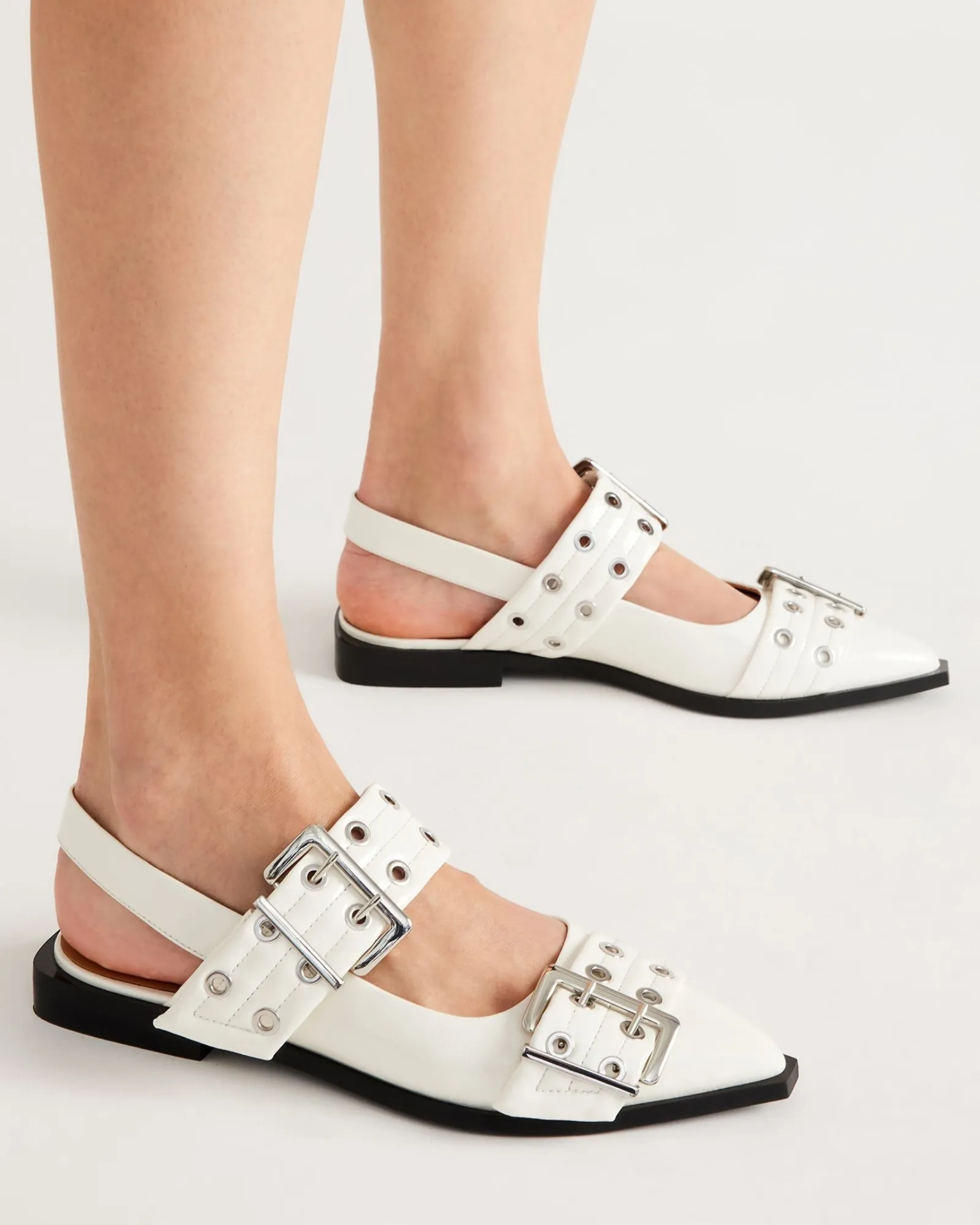 Liliana Buckle Slingback Leather Flats In White