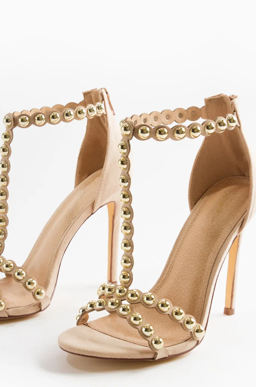 Liliana Tisha-69 Nude Strappy Studded Decor Open Toe Single Sole High Heels