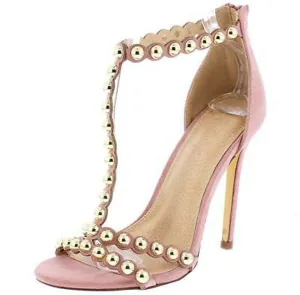 Liliana Tisha-69 Nude Strappy Studded Decor Open Toe Single Sole High Heels