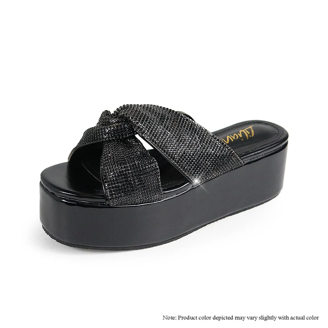 RASHA-68 RHINESTONE TWIST STRAP FLATFORM SANDAL - BLACK