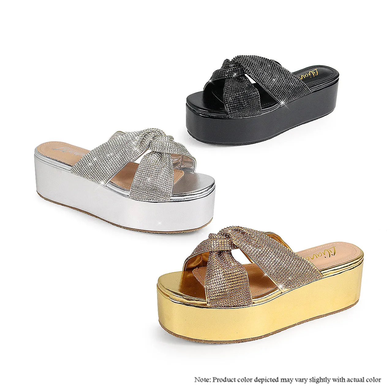 RASHA-68 RHINESTONE TWIST STRAP FLATFORM SANDAL - BLACK