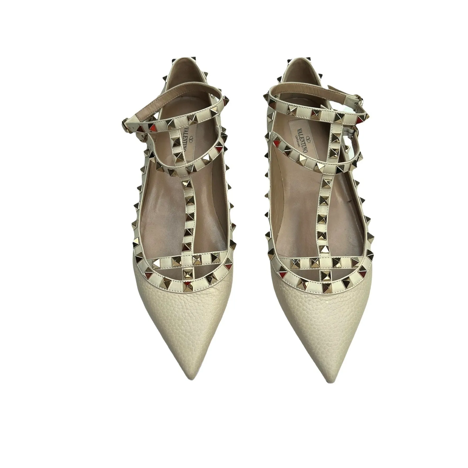 Rockstud Beige Leather Flats - 10.5