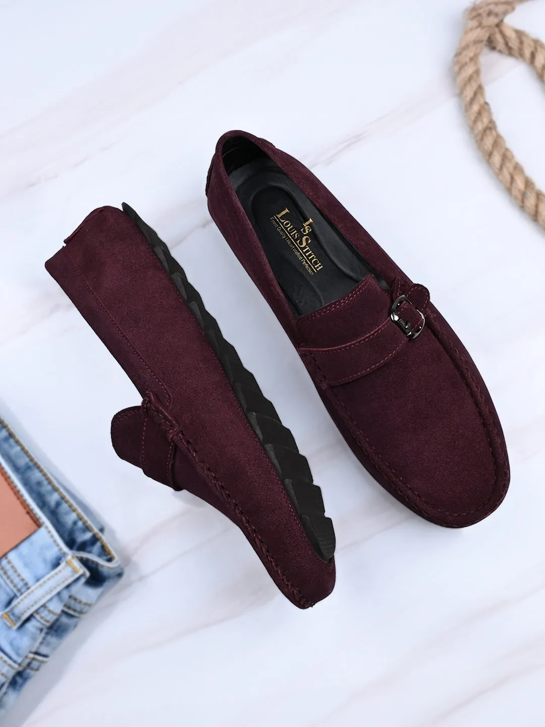 Rosewood Handmade Italian Suede Leather Solid Penny Loafers with Buckle