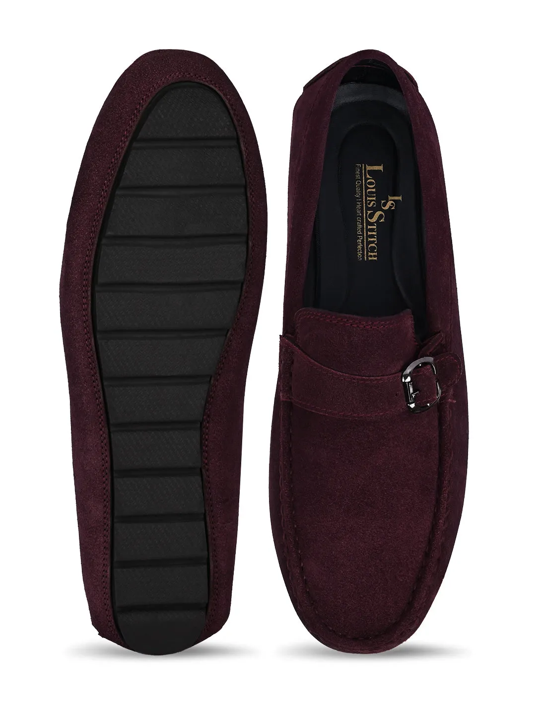 Rosewood Handmade Italian Suede Leather Solid Penny Loafers with Buckle
