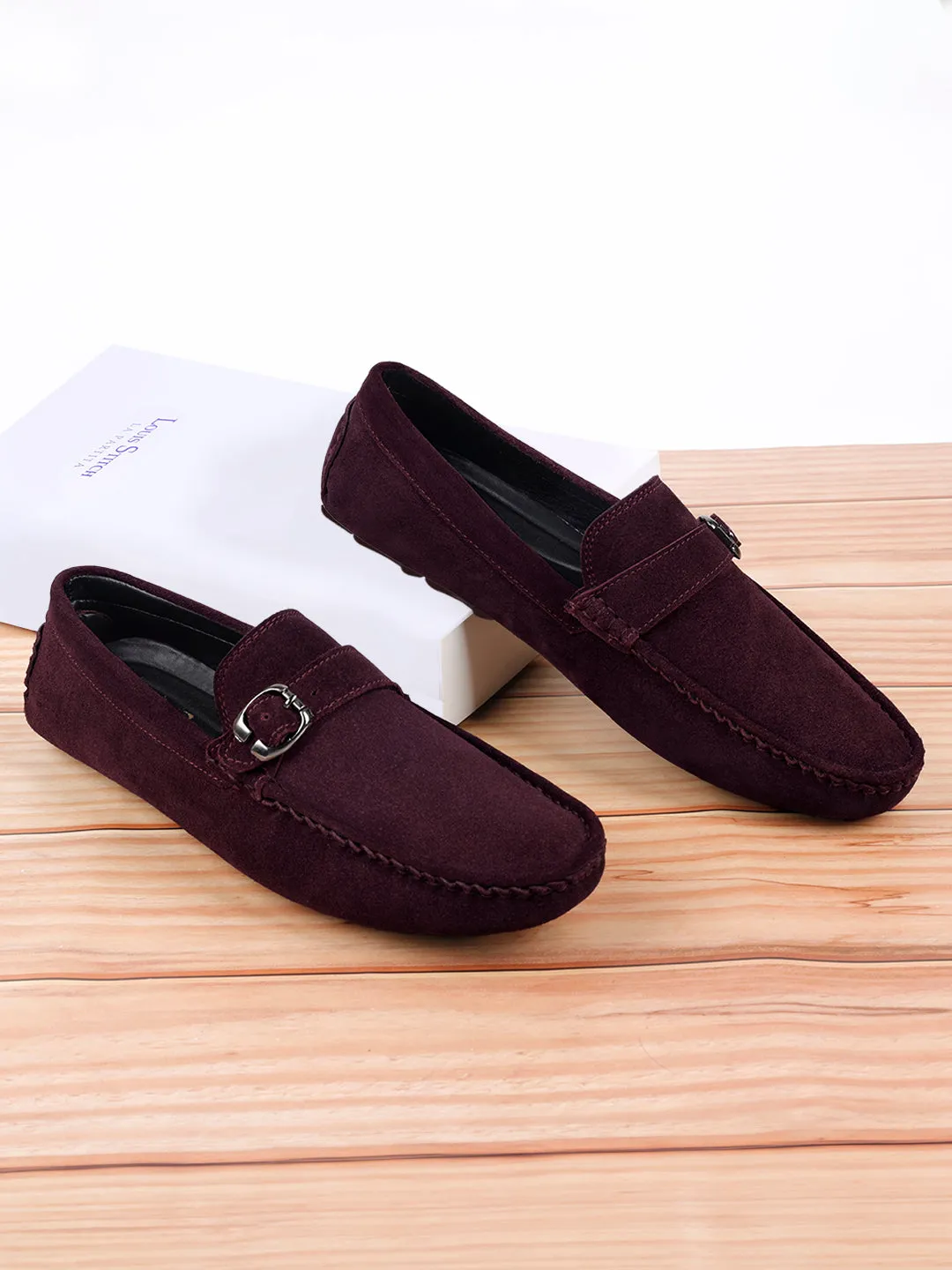 Rosewood Handmade Italian Suede Leather Solid Penny Loafers with Buckle