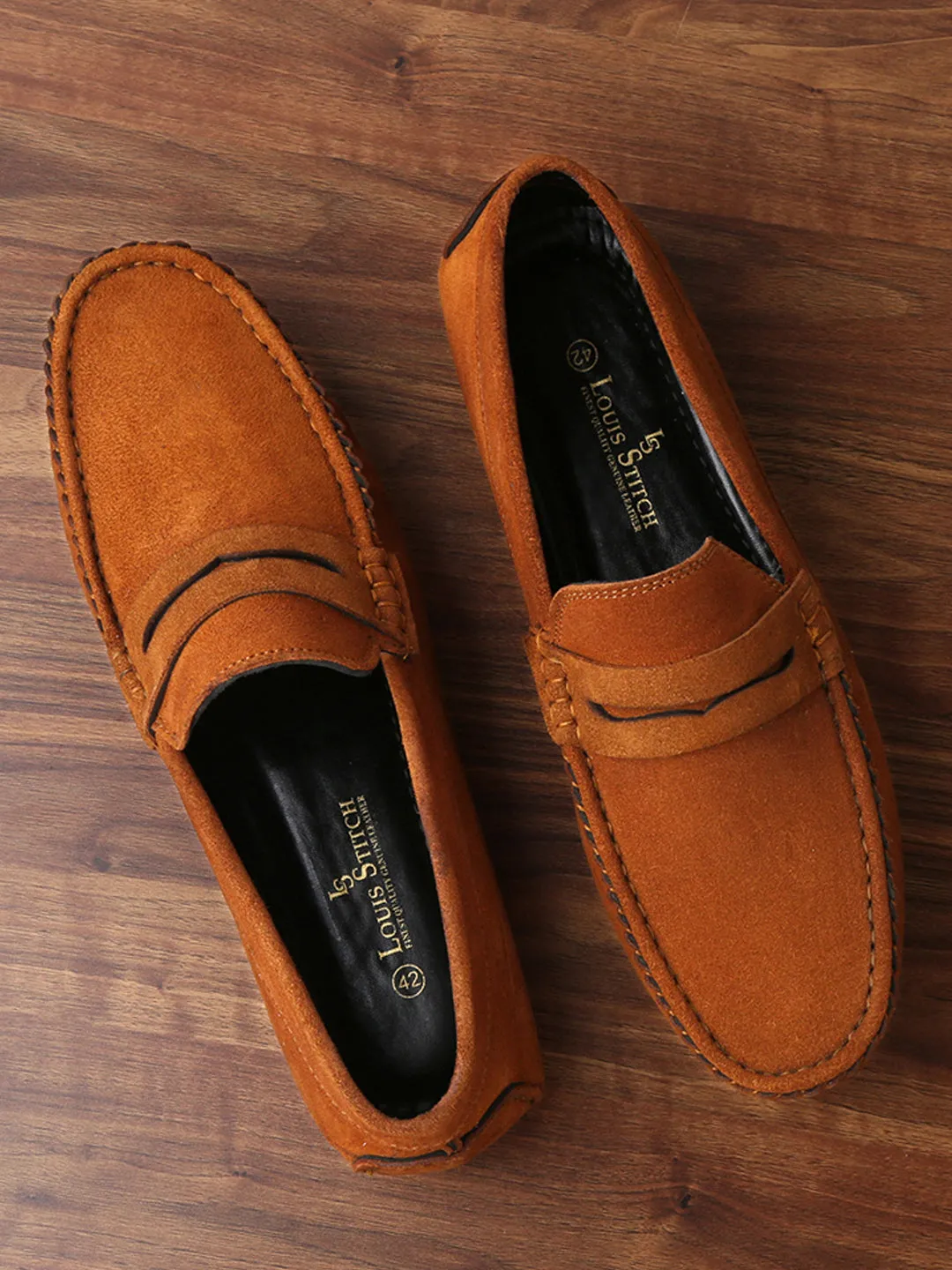 Tortilla Brown Handmade Italian Suede Leather Solid Penny Loafers