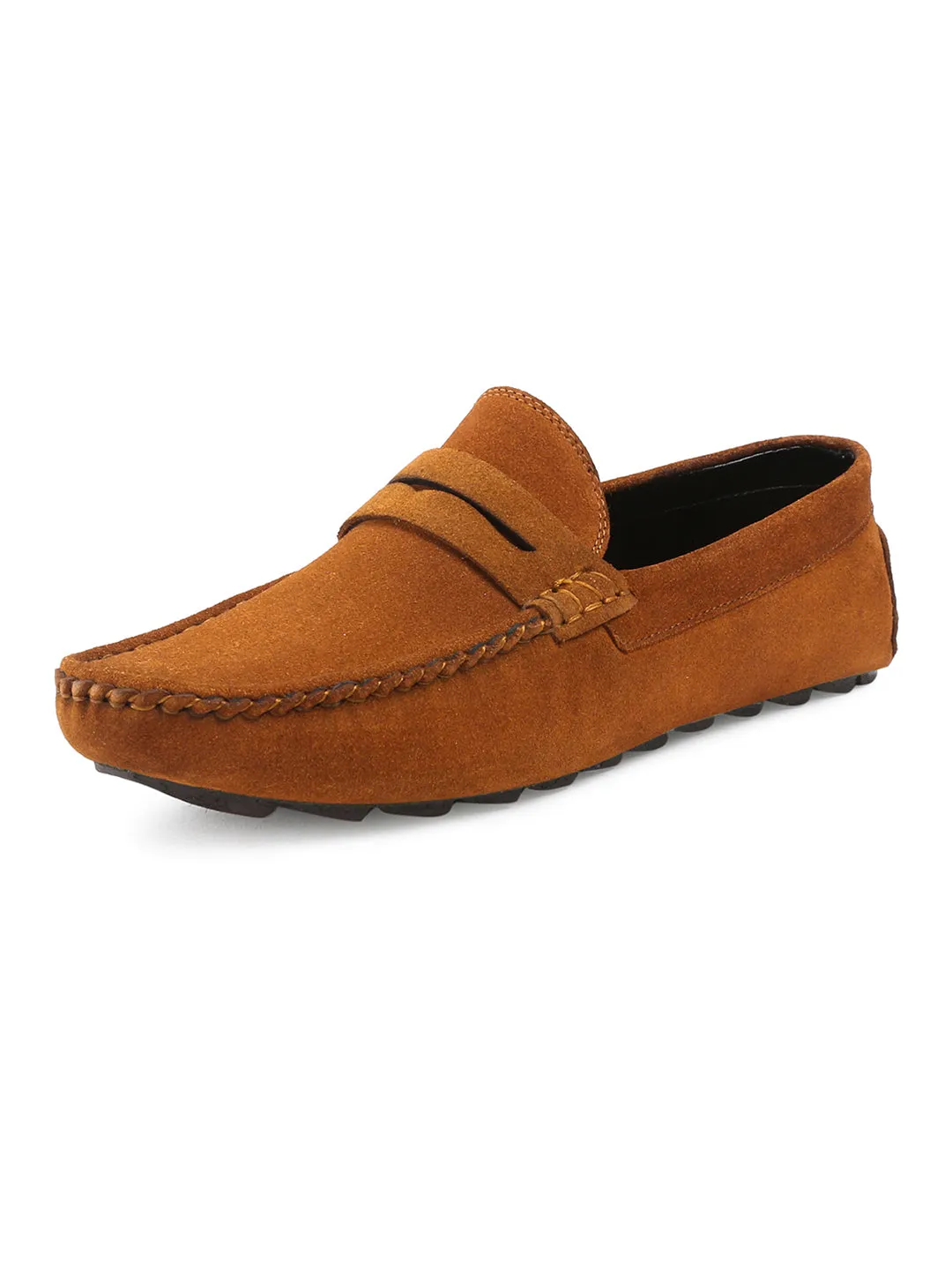 Tortilla Brown Handmade Italian Suede Leather Solid Penny Loafers
