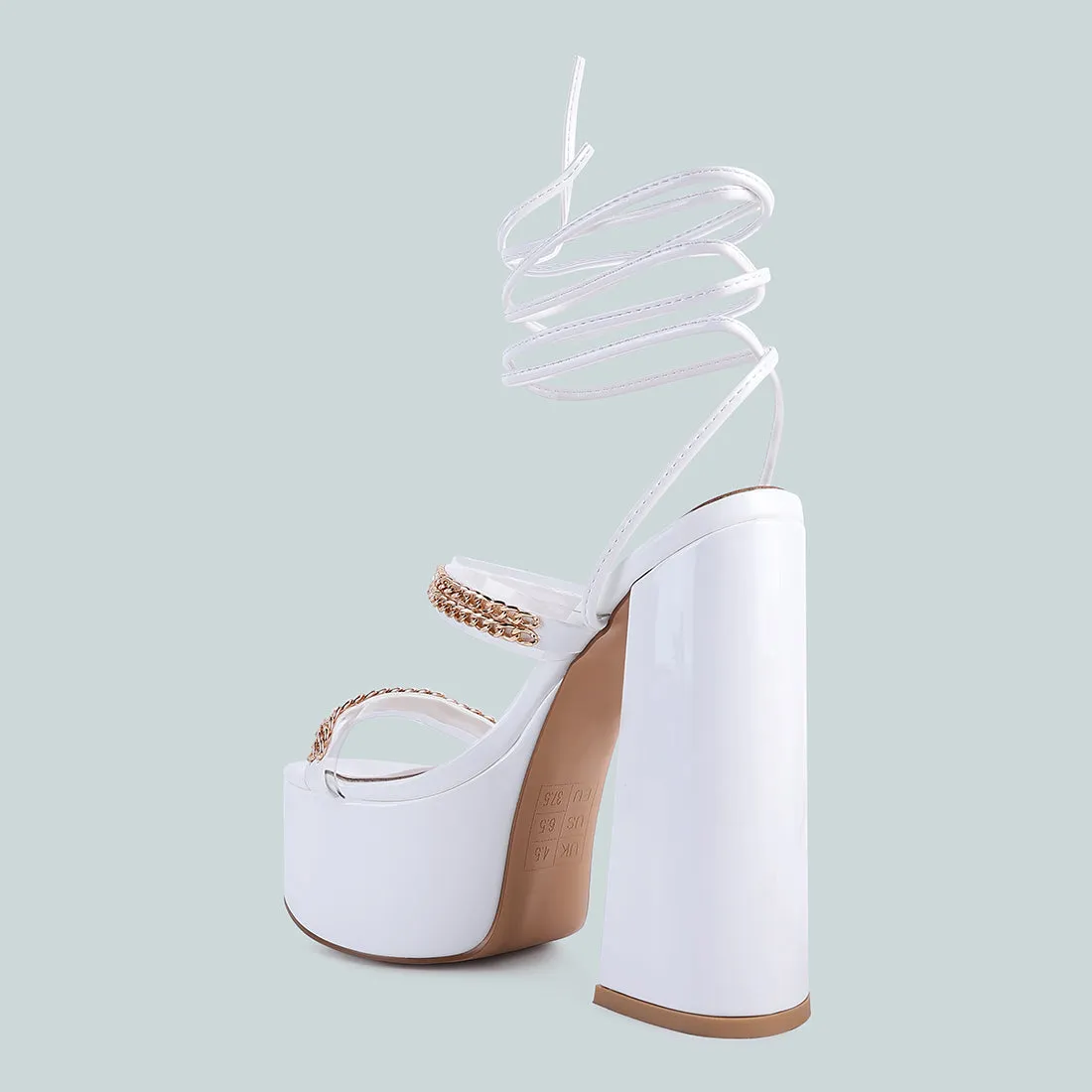 White Indulgence Metal Chain Lace Up Chunky Sandals