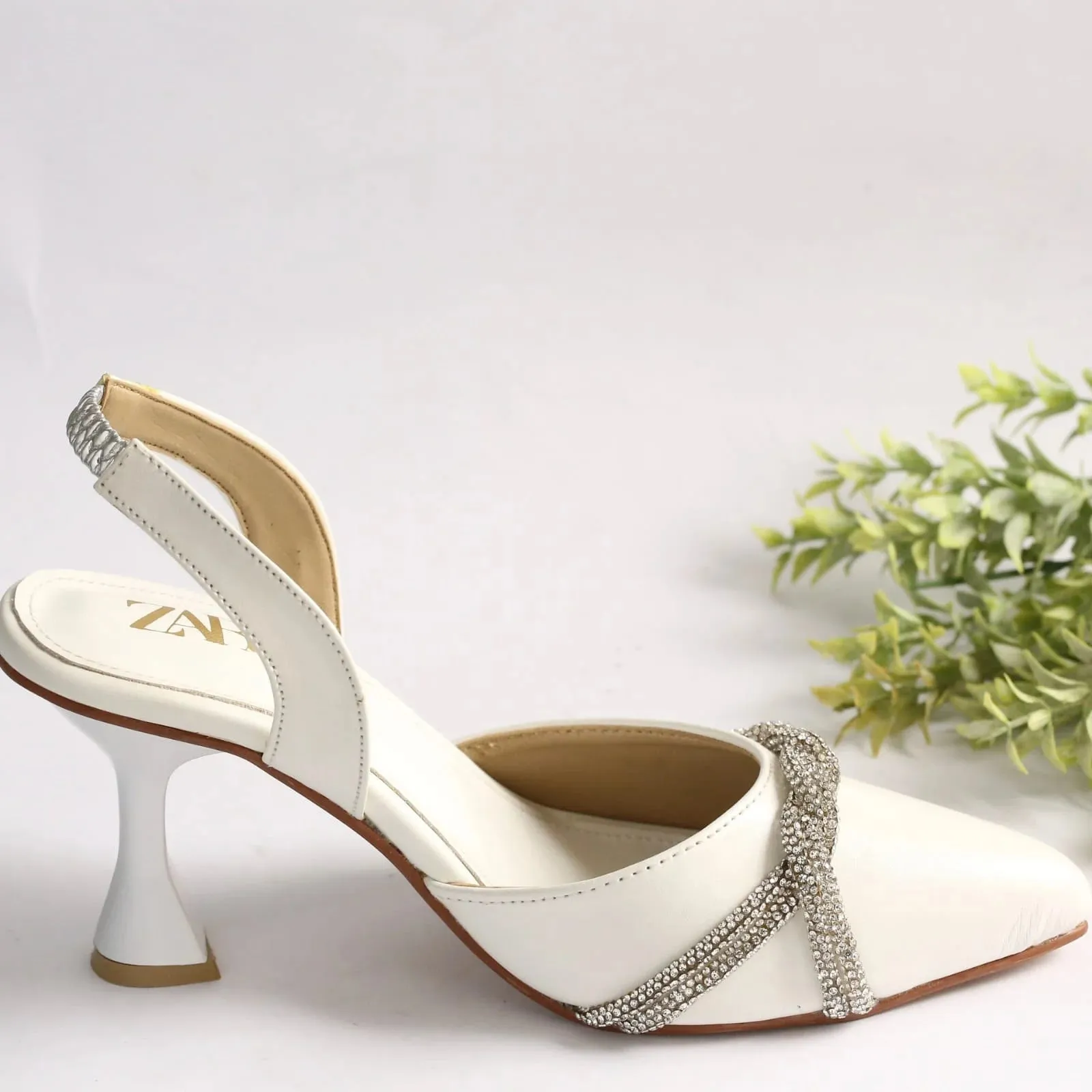 ZARA RHINESTONE SLINGBACK PUMPS - WHITE