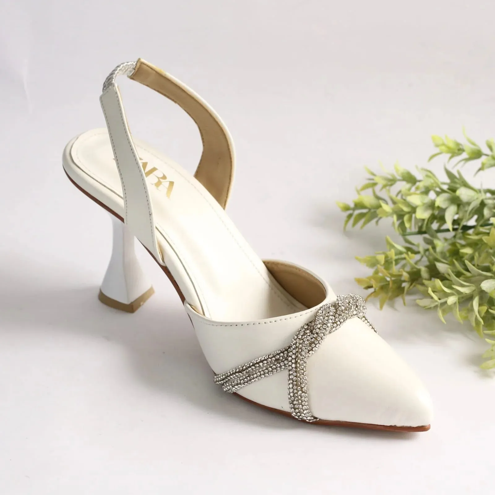 ZARA RHINESTONE SLINGBACK PUMPS - WHITE