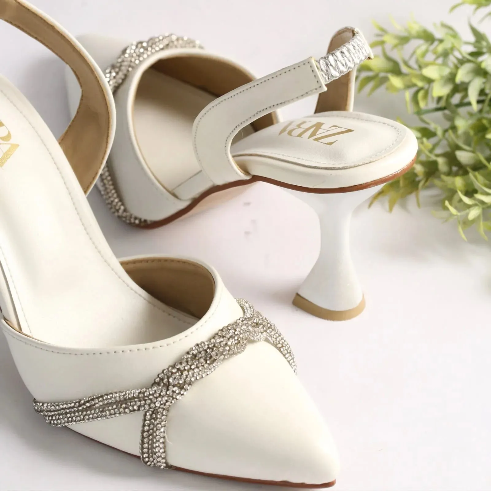 ZARA RHINESTONE SLINGBACK PUMPS - WHITE